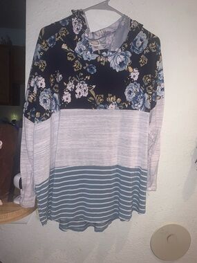 Women's Floral & Stripe Hooded Pullover - Navy Blue